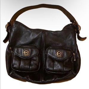 𝅺MICHAEL KORS Large Black Leather Logo Pocket Hobo Shoulder Bag Handbag Purse